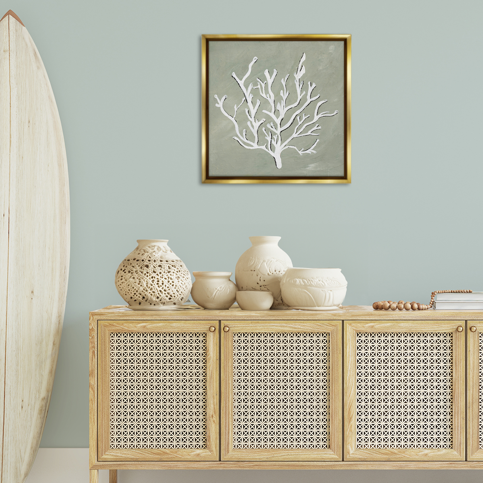 Stupell Industries White Coral Impression Coastal Painting Gold Floater Framed Canvas Art Print Wall Art, 25 x 25