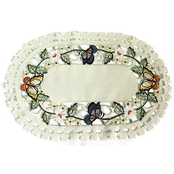 Doily Boutique Placemat or Doily with Multi-Color Butterfly on Ivory Fabric, Size 17 x 11 inches