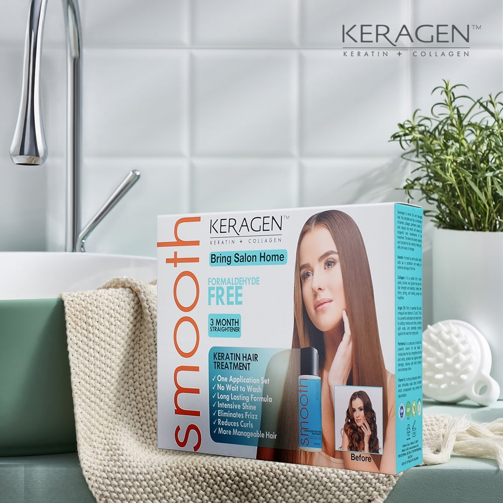 Keragen - Brazilian Keratin Hair Smoothing Treatment Express Home Kit - Blowout Straightening System, with 2 Oz Formaldehyde Free Treatment, 2 Oz Clarifying Shampoo and Aftercare Samples