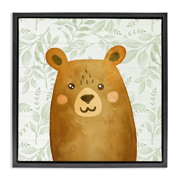 Stupell Industries Bear on Botanicals Whimsy Animals Painting Black Floater Framed Canvas Art Print Wall Art, 18 x 18