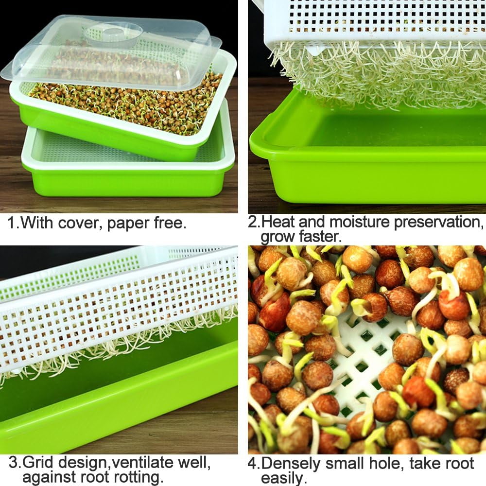 Tutuviw Set of 5 Garden Seed Sprouter Tray BPA Free PP Soil-Free Big Capacity Healthy Wheatgrass Grower with Lid Sprouting 13x9.5x1.8inches