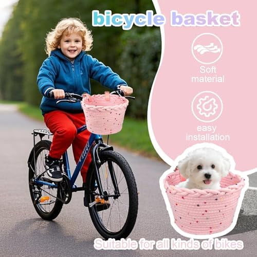 Kids Bike Basket Rope Woven Front Bicycle Basket for Boys Girls Kids Front Handlebar Basket for Scooter,Balance Bikes Cute Bike Basket with Colored Spots