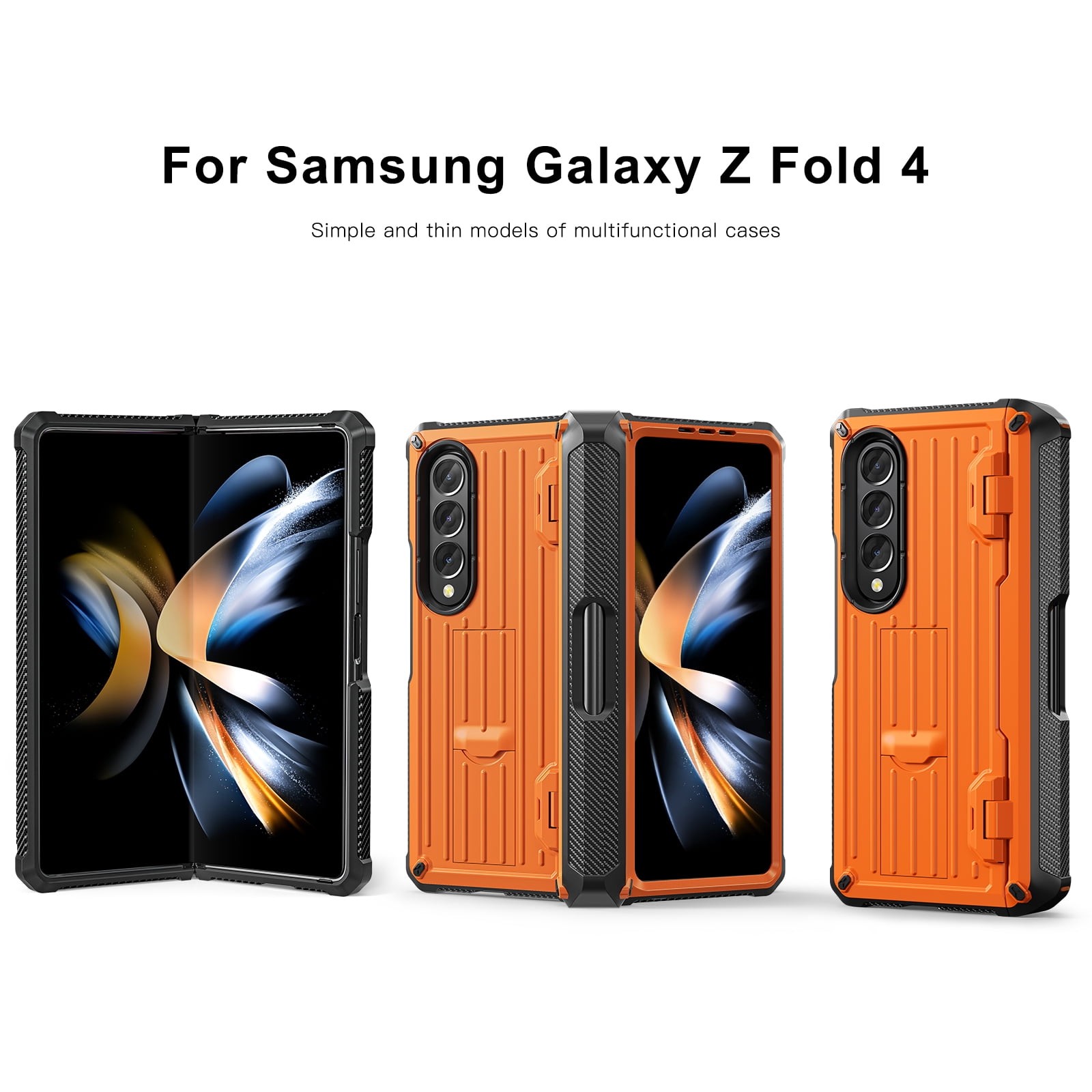 TECH CIRC Case for Samsung Galaxy Z Fold 4 Compatible with MagSafe, Heavy Duty Rugged PC Shockproof Hinge Protection Cover with Hidden Bracket Screen Protector S Pen Holder Galaxy Z Fold 4 Case,Orange