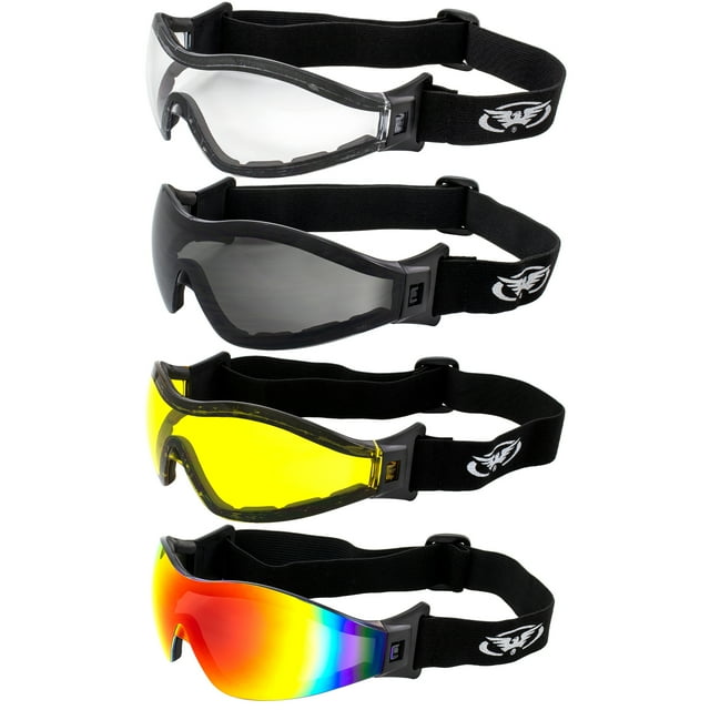 4 Pairs of Global Vision Z-33 Padded Motorcycle Riding Skydiving Goggles Clear Smoke Yellow Red Mirror Lens