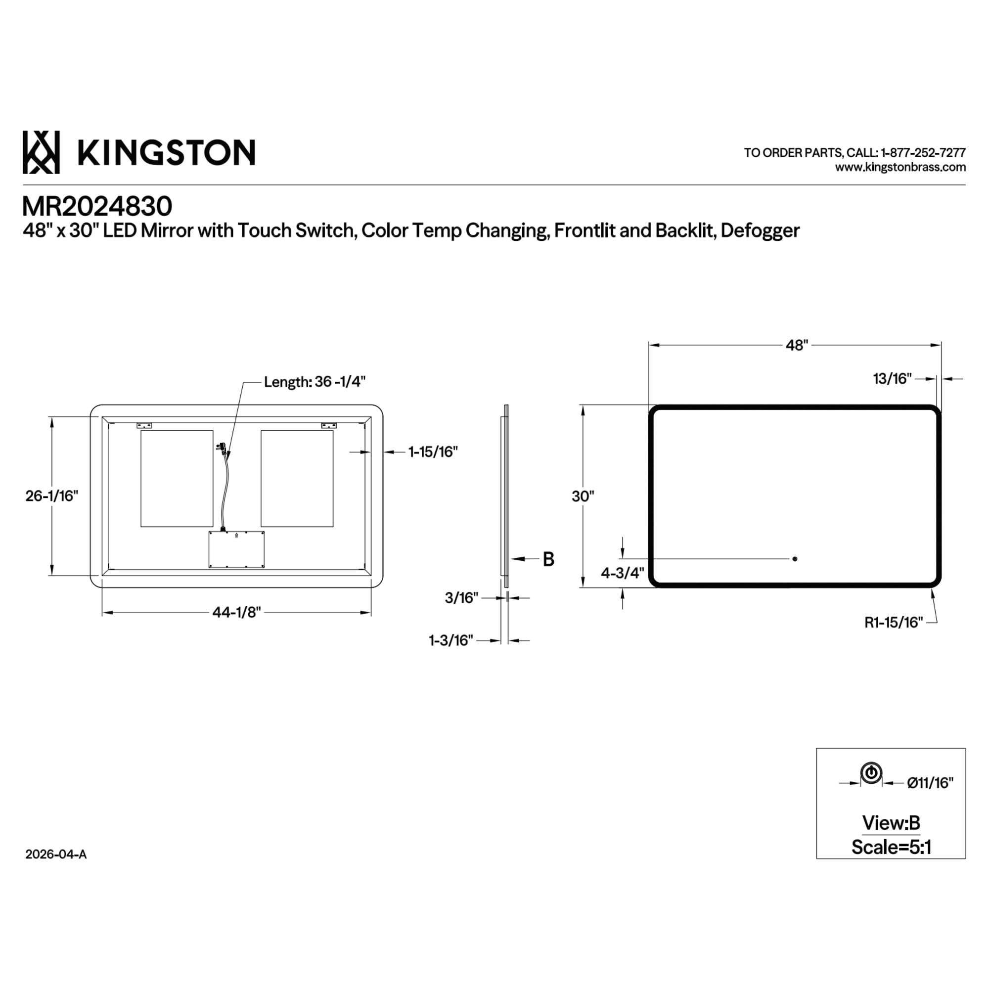 Kingston Brass MR2024830 Aurora 30-Inch x 48-Inch LED Bathroom Mirror, Front and Back Light, Anti-Fog, Dimmable Touch Sensor Lighted Mirror in Silver