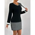 thumbnail image 6 of OYYN Dresses for Women Fashion Black Houndstooth Patchwork Long Sleeve Bodycon Mini Dress Elegant Tie Neck Sheath Dress for Office Work Date Night, 6 of 7