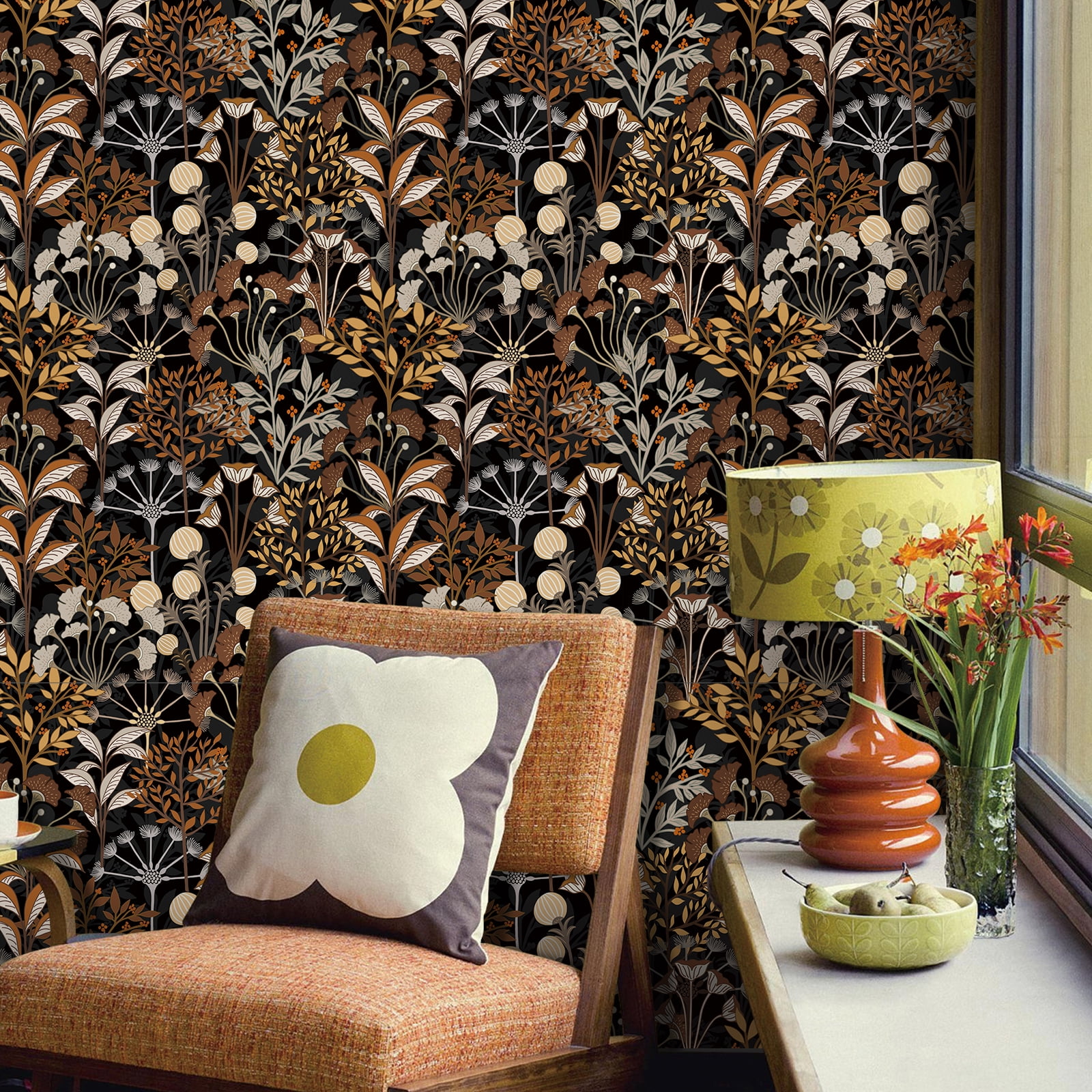 Meiban Leaf Wallpaper Multicolor Peel and Stick Wallpaper Self Adhesive Wall Paper 17.7"x118" Boho Black/Brow Floral Leaf Contact Paper for Home Mural Wall Decor Wall Covering Old Furniture Renovation