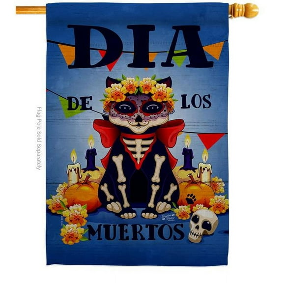 Angeleno Heritage H130353-BO 28 x 40 in. D-a de Muertos Cat Falltime Flag Day of Dead Vertical House Flag with Double-Sided Decorative Banner Garden Yard Gift