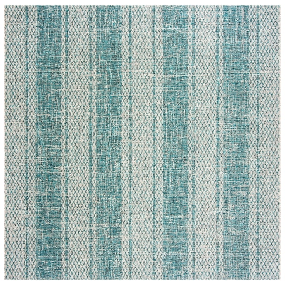 SAFAVIEH Courtyard Robert Striped Indoor/Outdoor Area Rug, Light Grey/Teal, 5'3" x 5'3" Square
