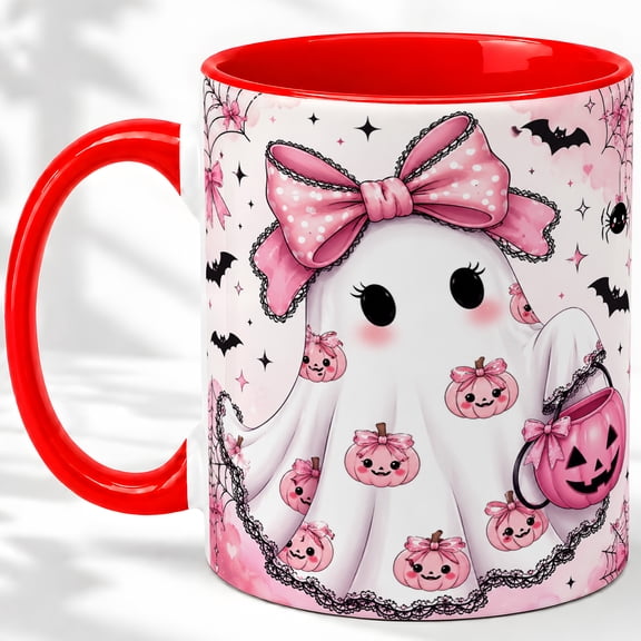 Pink Bow Pumpkin Ghost Accent Mug, 11oz Ceramic Coffee Cup for Halloween