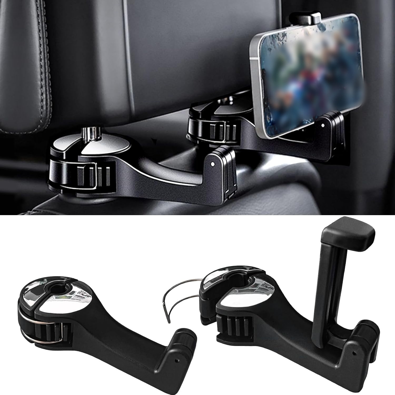 RUseeN 2 in 1 Car Seat Hooks for Purses and Bag with Phone Holder, Universal 360 Rotation Automative Headrest Purse Handbag Holder Hanger Organizers, Falling Resistance, Quietness and Universal Fit