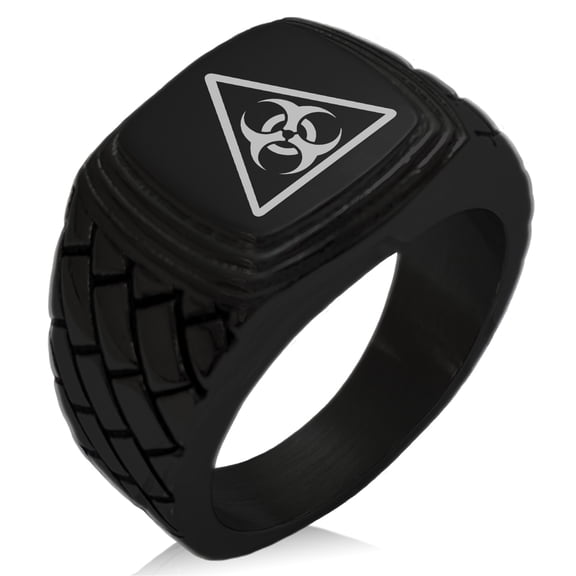 Stainless Steel Biohazard Triangle Geometric Pattern Step-Down Biker Style Polished Ring