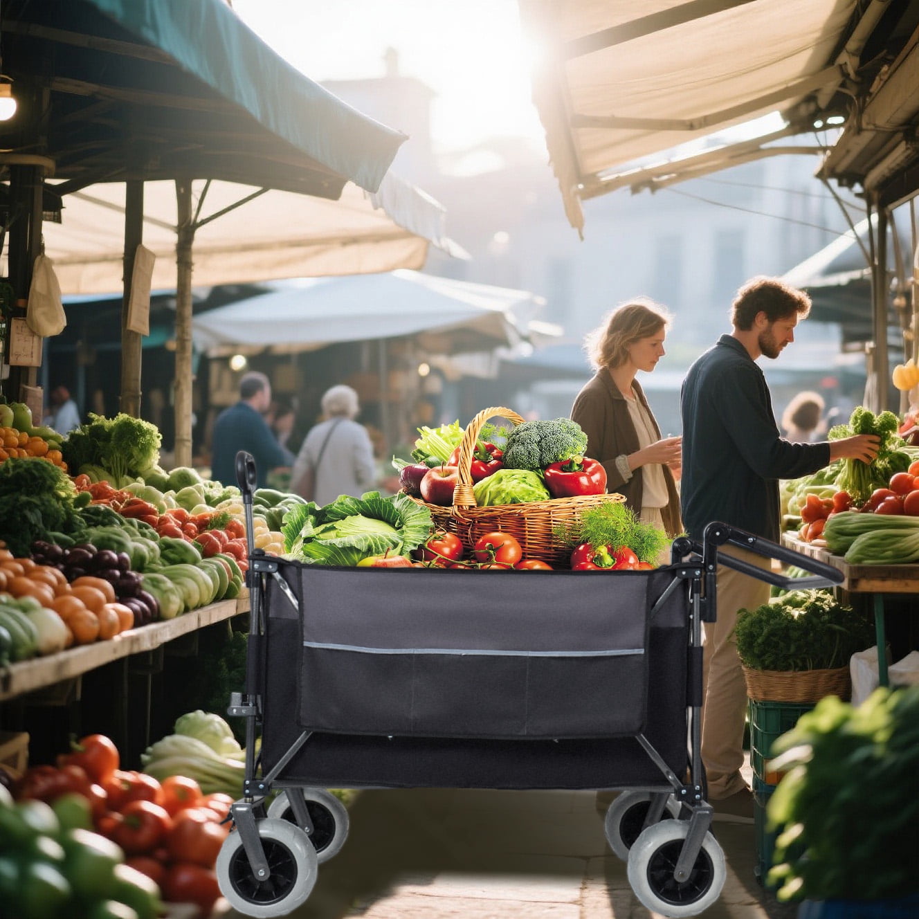 Multi-Functional Push-Pull Folding Wagon Cart, 300L XL Heavy-Duty Utility Cart with Rotating Handle, 9"x4" Beach All-Terrain Wheels with Brakes for Camping Beach Groceries Outdoor Transport