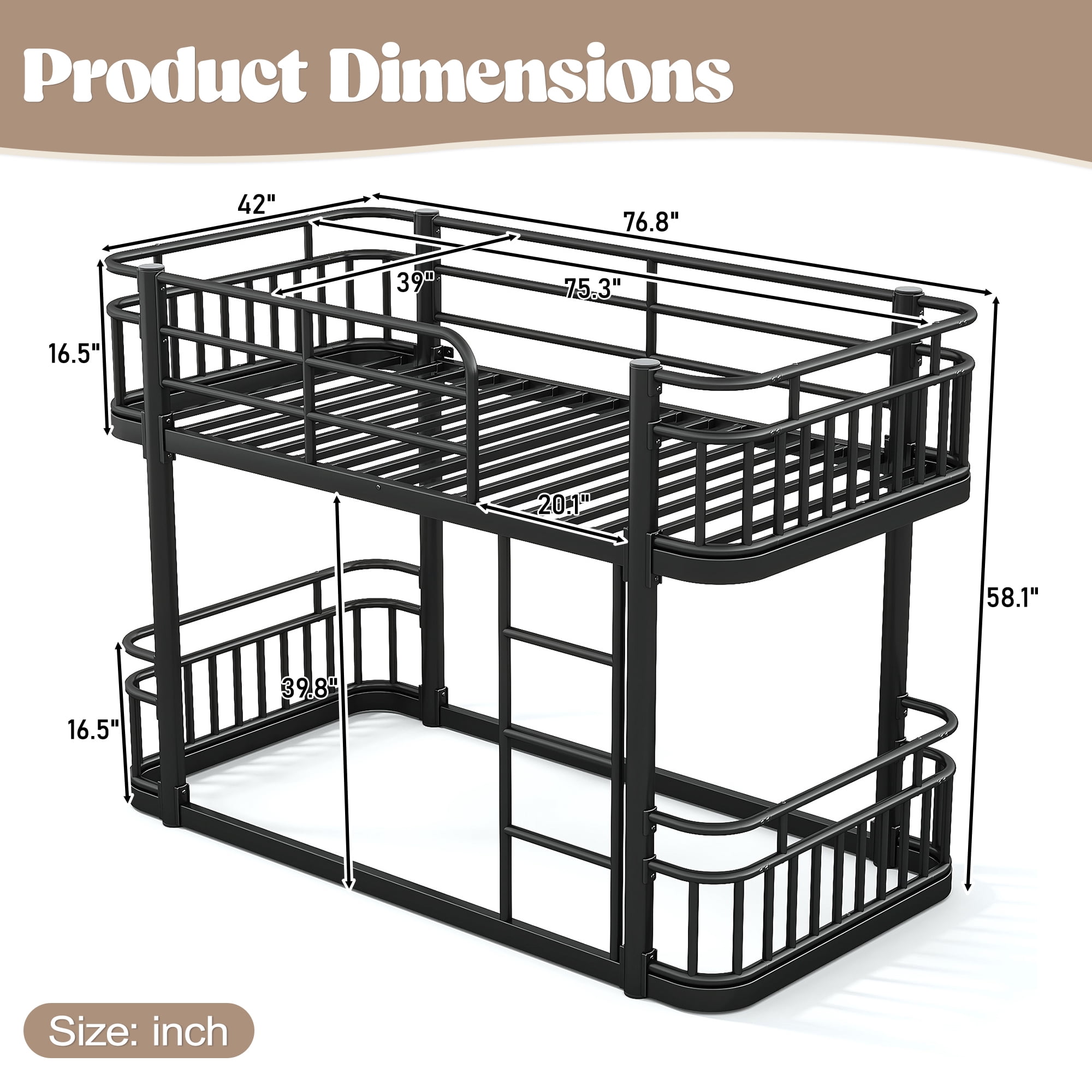 Leumius Twin over Twin Bunk Bed Frame with Ladders & Guardrails, Upgraded Round-Pipe Metal Frame, Stylish & Versatile for Any Room,Black