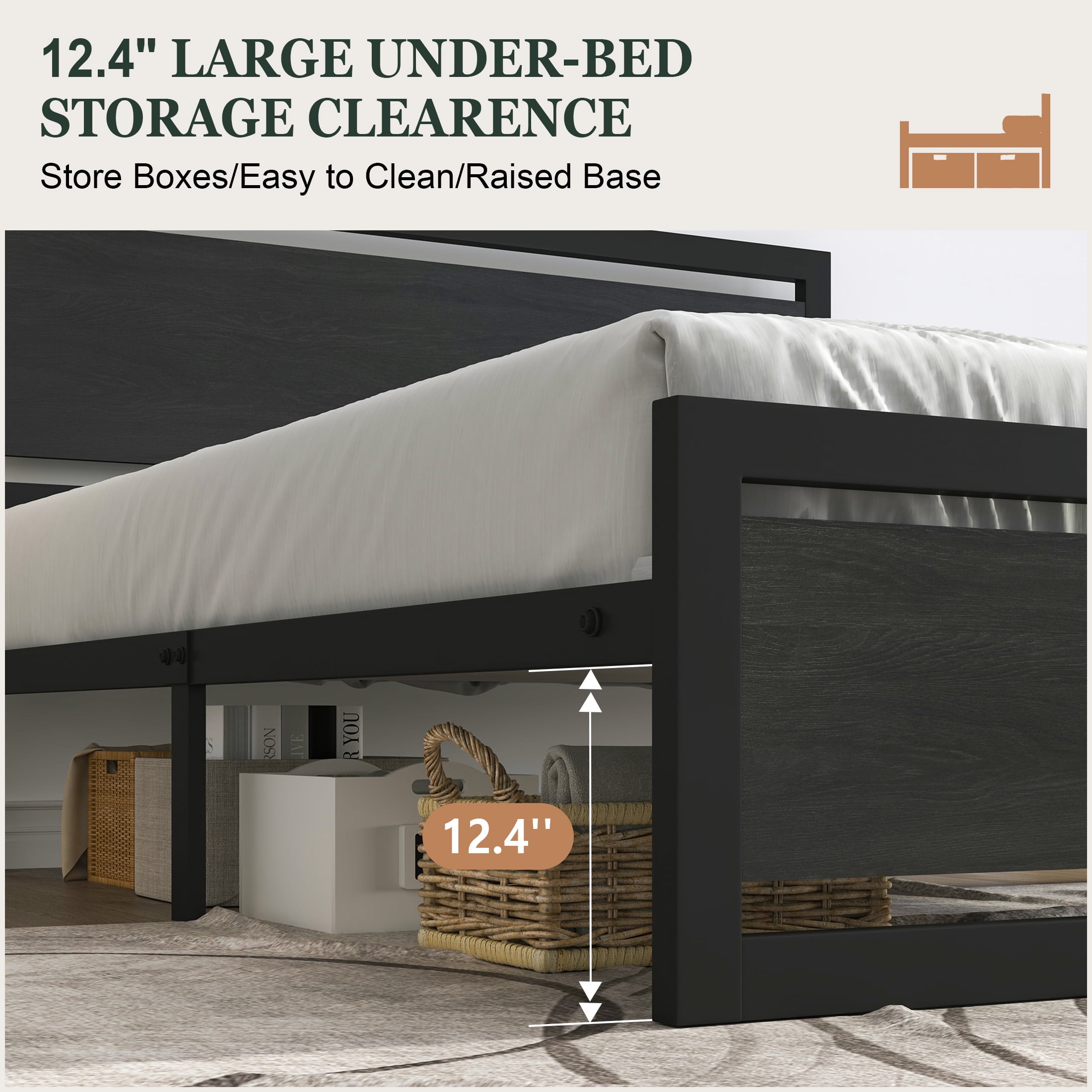 Amolife Queen Size Metal Platform Bed Frame with Wooden Headboard, 12.4" Under-Bed Storage, Black