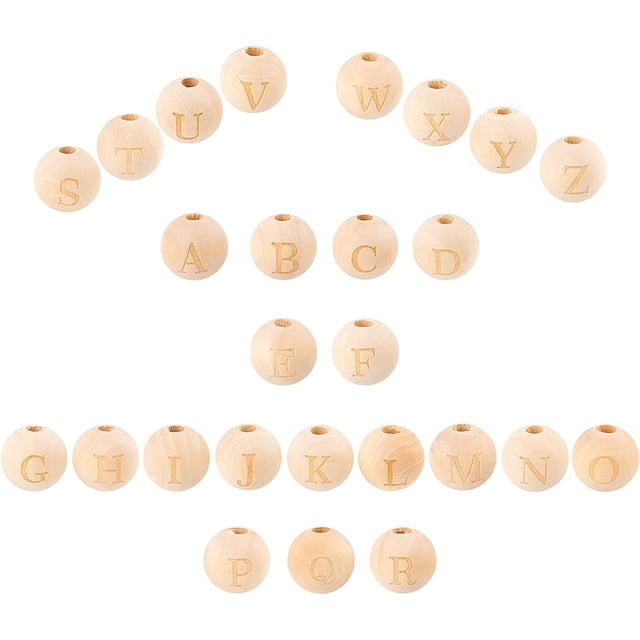 52 cuentas de madera con letras del alfabeto (A-Z), redondas y sueltas, con agujero para hacer bisutería, collares y nombres. Ideales para manualidades. Agujero del agujero: 4 mm.