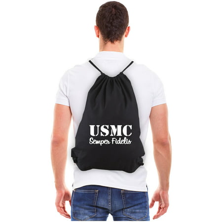 USMC Semper Fidelis Eco-friendly Reusable Canvas Drawstring Bag, Black &