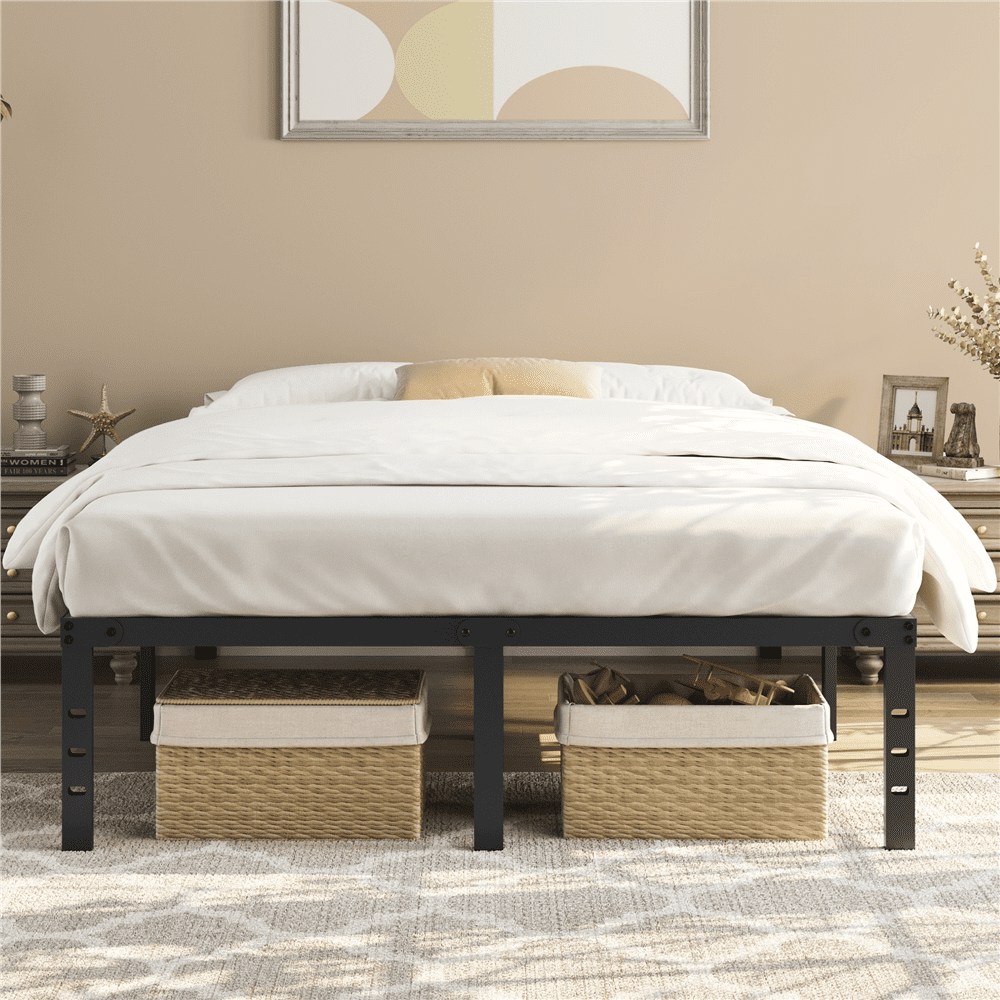 Alden Design Queen Size 16.5" Metal Platform Bed Frame, No Box Spring Needed, Black