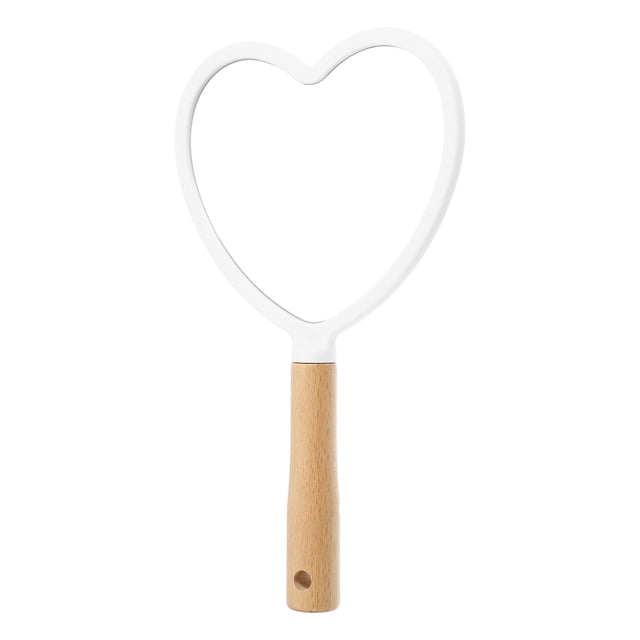 Espejo de maquillaje portátil Unique Bargains con mango de madera en forma de corazón blanco