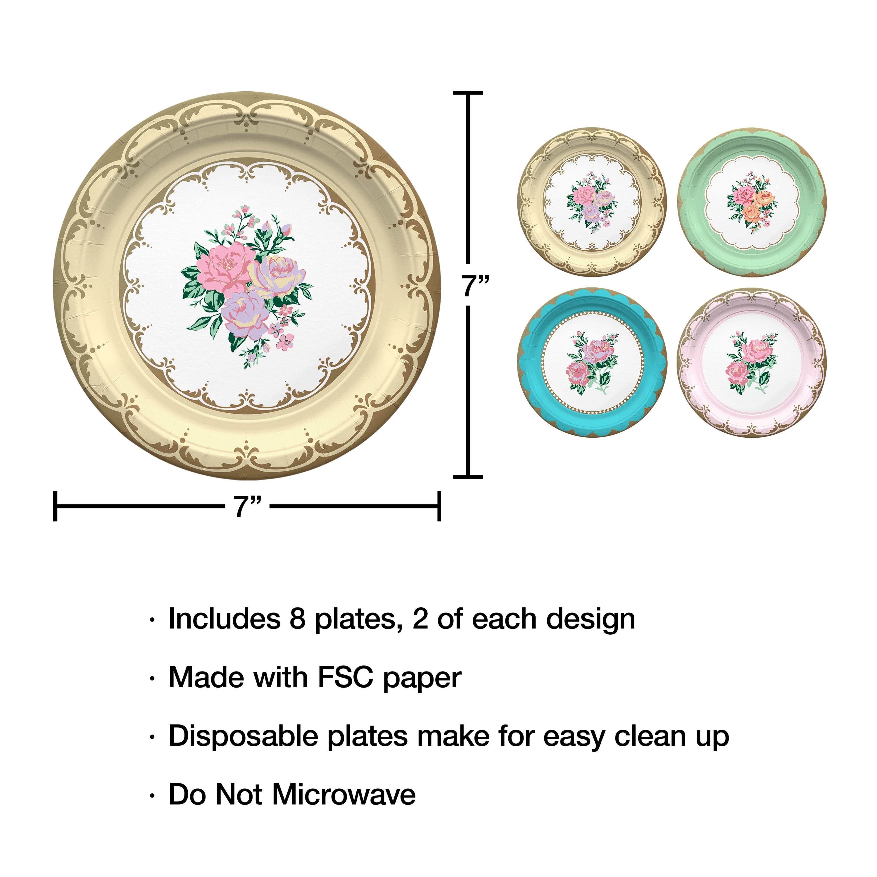 8 Count, 7IN Disposable Tea Party Paper Plates, Multicolor, Vintage Finds by Way to Celebrate