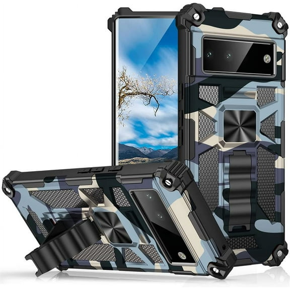 Camouflage Magnetic Kickstand Case for Google Pixel 6A, Military Grade Heavy Duty Shockproof Protection Army Camo Phone Cover for Google Pixel 6A MC Light Blue