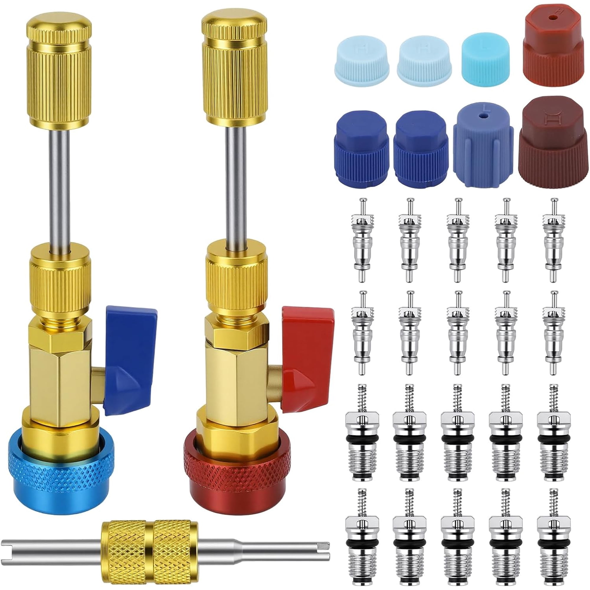 31 PCS R134A Valve Core Quick Remover Installer Tool Kit High Low Pressure AC Valve Core Removal Tool R134A Valve Core AC Service Port Cap Valve Stem for Refrigerant Air Conditioner System