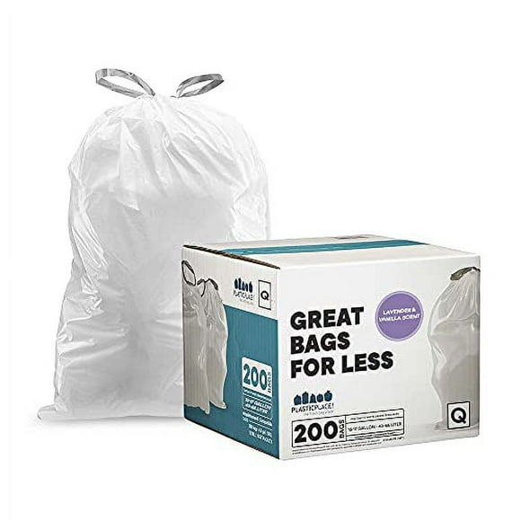 Plasticplace White Drawstring Lavender and Soft Vanilla Scented Garbage Can Liners │ Code Q Compatible (200 Count) │ 13-17 Gallon │ 25.25" x 32.75"