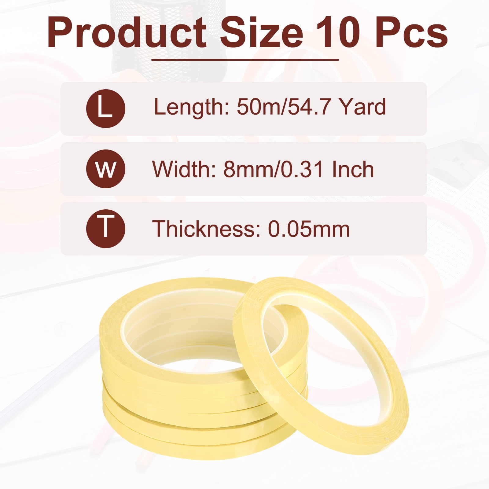 Uxcell 10 Rolls Whiteboard Tape Graphic Chart Tape 8mm 54.7 Yard Art Tape Thin Self-Adhesive Pinstripe Tape Masking Tape, Light Yellow
