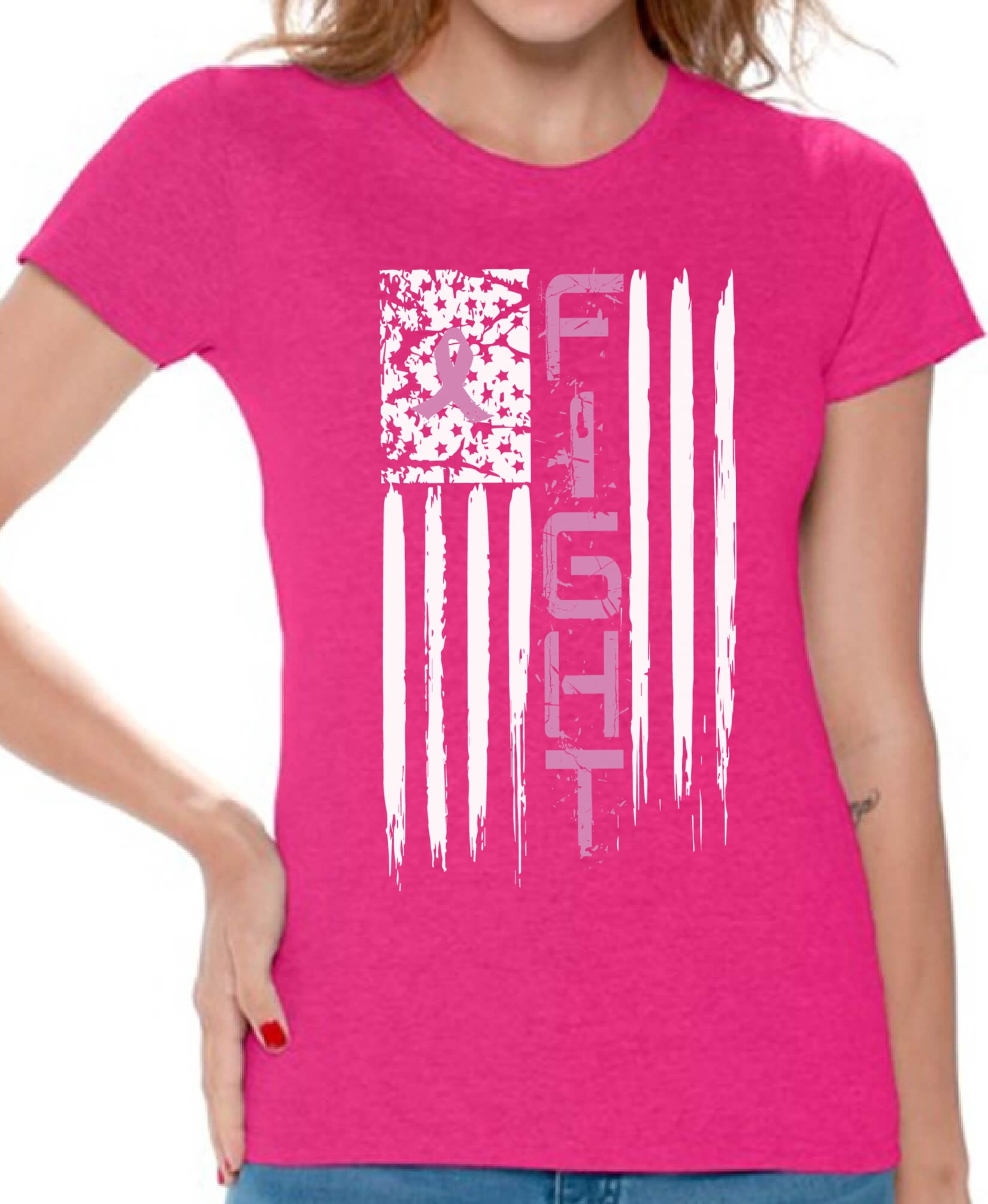 Breast Cancer Awareness T-Shirt Hope Pink Ribbon Off Shoulder Tops for Women B