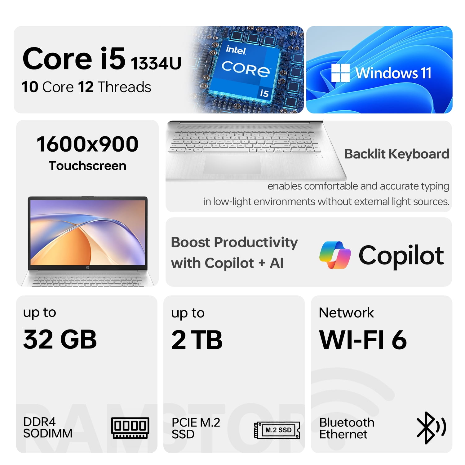 HP Premium Laptop, 17.3" HD+ Touchscreen, Intel Core i5-1334U, 32gb RAM, 1tb SSD, Windows 11 Home, Silver