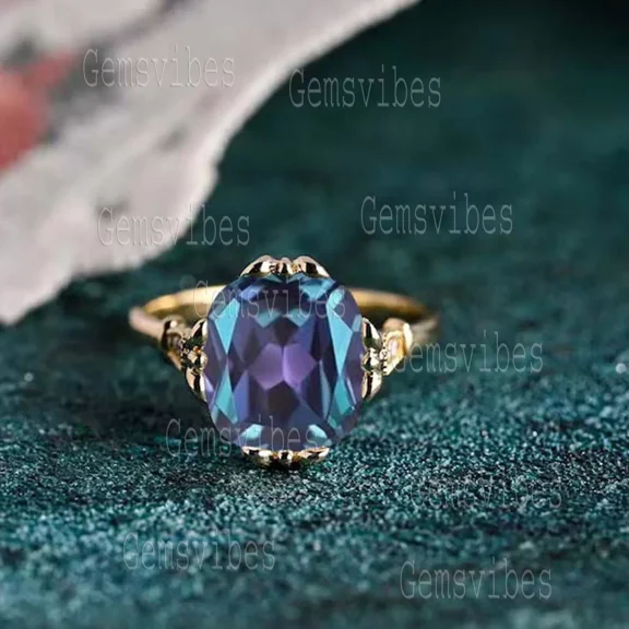 Gems Vibes Color Changing Alexandrite Ring For Women 925 Sterling Silver Ring Gift For her Oval Cut Gemstone Ring June Birthstone Alexandrite Ring Wedding Promise Ring