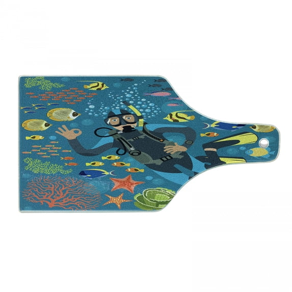 Diver Cutting Board, Cartoon Character Circled by Various Marine Elements Plantations and Sea Animals, Decorative Tempered Glass Cutting and Serving Board, in 3 Sizes, by Ambesonne