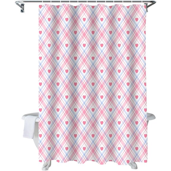 Shower Curtain Pink Check Love Heart Buffalo Shower Curtains for Bathroom Decor Cute Lattice Shower Curtain Sets with Hooks Waterproof Fabric Bath Curtain Standard 72" X 72"