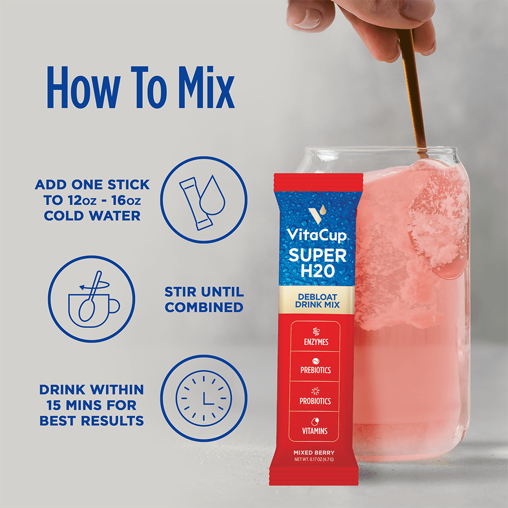 VItaCup Super H2O Bloating Relief Drink Mix Packets, Mixed Berry Flavor Water Enhancer, 16 ct