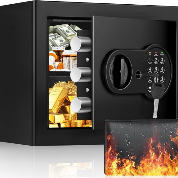 Safe Box with Fireproof Waterproof Bag, Home Safe with Keys & Pass Code & Wall Mount Kits, Money Safe with Smart Alert System for Money, Jewelry, and Documents, 1.2 Cu ft