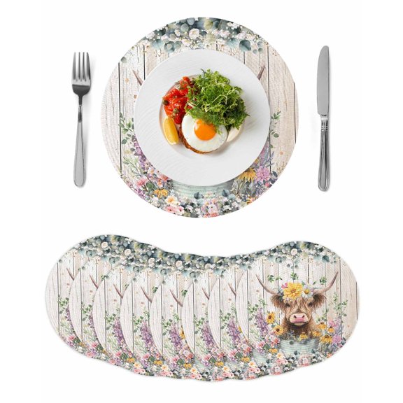 Spring Cow Floral Round 15 Inch Placemats Set of 8, Green Eucalyptus Leaves Grey Wooden HeatResistant Non Slip Place Mats for Dining Table, Wipeable Braided Kitchen Table Mats for Housewarming