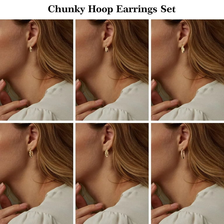 14K Gold Plated Chunky Hoop Earrings Set For Women - 8 Pairs Thick Lightweight Hoops, Hypoallergenic, Twisted & Huggie Styles