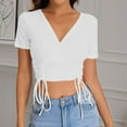 thumbnail image 2 of fatyb Women's Wrap V Neck Cropped Tee Shirts Side Drawstring Slim Tops Short Sleeve Going out T Shirts, 2 of 6