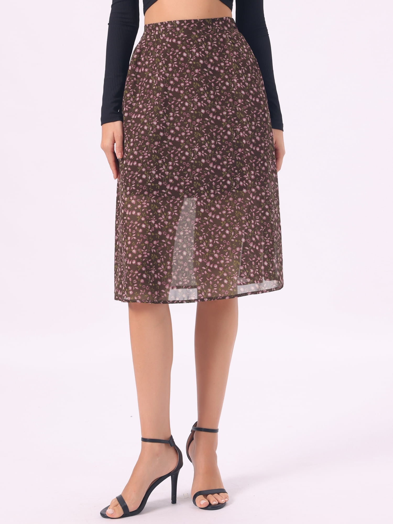 DARING DIVA Women's Floral Midi A-Line Chiffon High Waisted Skirt XL Red Brown Pink