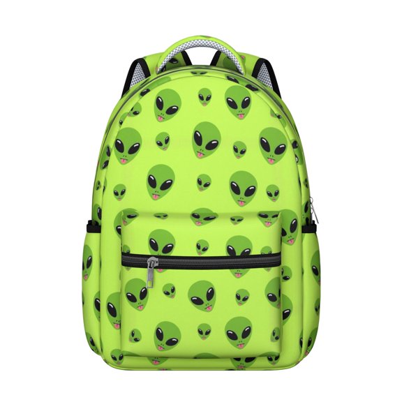 Alien Head Bright Green Pattern Backpack for School, Cute School Bag with Adjustable Shoulder Straps and Padded Back, 15.3"x11"x7.1"