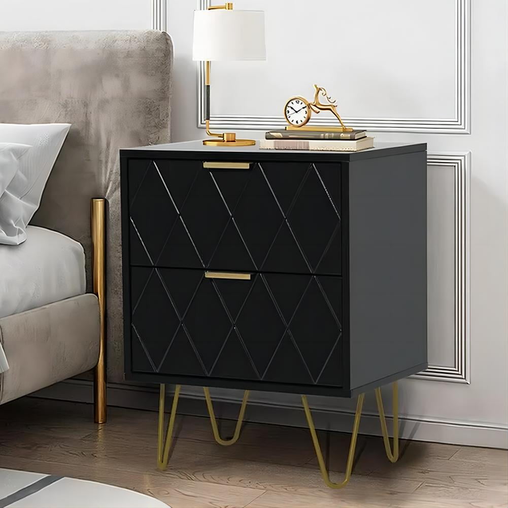 eclife Set of 2 Black Nightstand with 2 Drawers, Modern Bedside Table with Gold Handles for Bedroom or Living Room