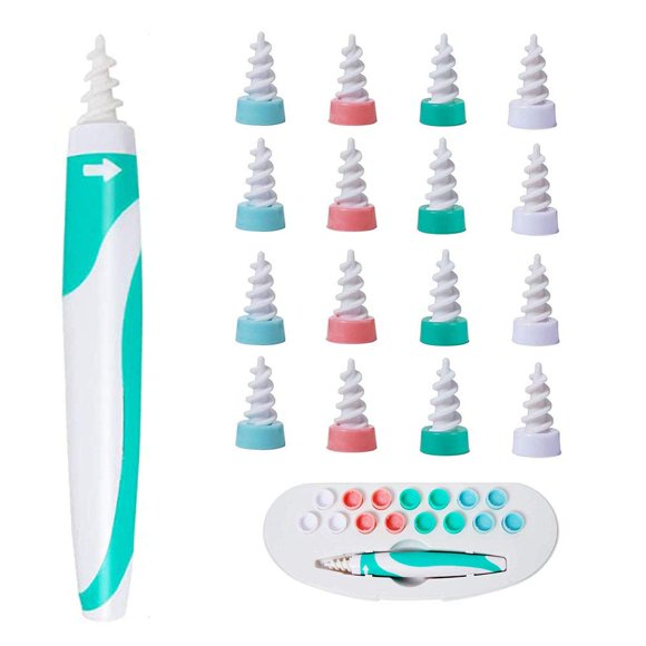 Ear Cleaner Ear Wax Remover, Q Grips Ear Cleaner with 16 Replacement Heads, Safe and Soft, 360 Degree Spiral Silicone, Suitable for Children and Family - Green