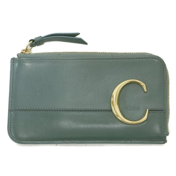 Pre-Owned Chlo Chloe wallet, green leather, fragment case, card L-shaped, C-shaped, women's.