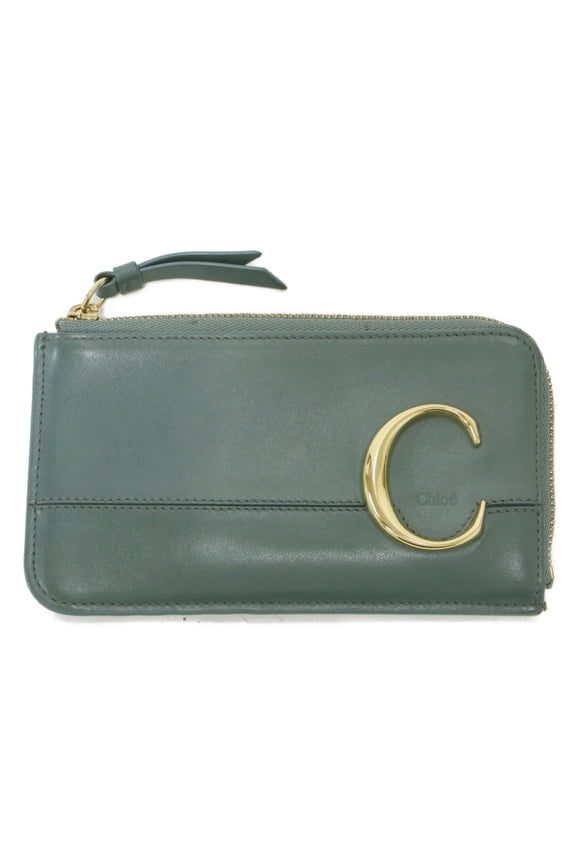 Pre-Owned Chlo Chloe wallet, green leather, fragment case, card L-shaped, C-shaped, women's.