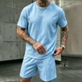 thumbnail image 6 of Men's 2 Piece Loungewear Set Short Sleeve Shirt & Shorts Summer Outfits Casual Comfortable Tracksuit Loose Fit Heavyweight Tshirt & Drawstring Shorts Casual Summer Outfits Sky Blue L, 6 of 8