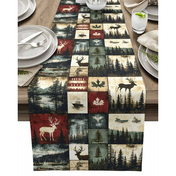 Table Runner Deer Forest Table Decoration for Kitchen Dinning Retro Animal Tree Table Decoration for Indoor Outdoor Party Wedding Decor 13x72inch