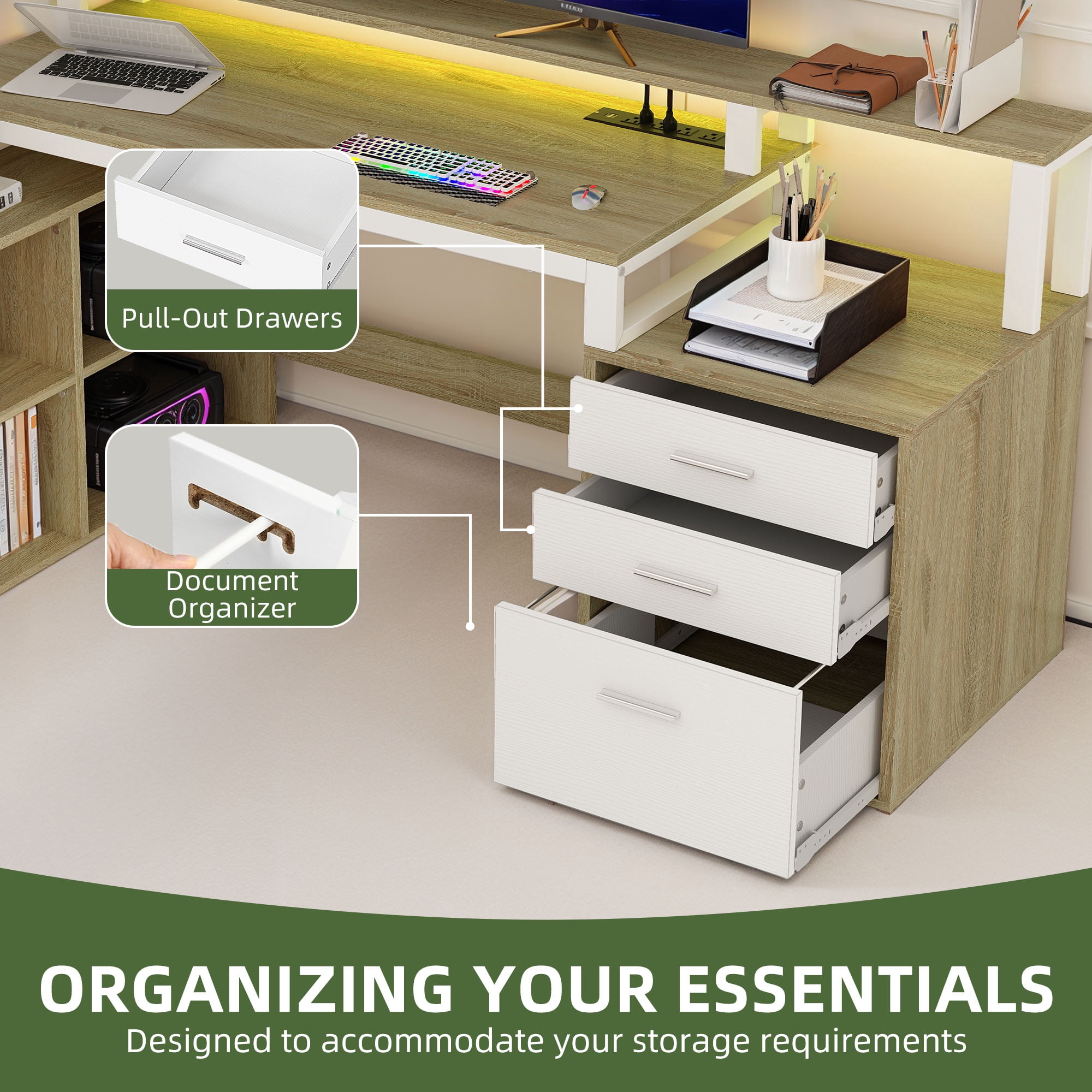 Uforic L Shaped Desk with LED Light & Power Outlets, Corner Computer Desk with Drawers & Open Storage Shelves, Oak