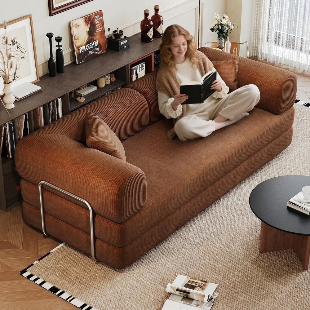 Barara King 78.8" Convertible Sofa Bed, Comfy Futon Sleeper with Pillow Back Support, Armrest, Modular Sectional Design, Boneless Loveseats for Living Room, Bedroom, Corduroy, Brown