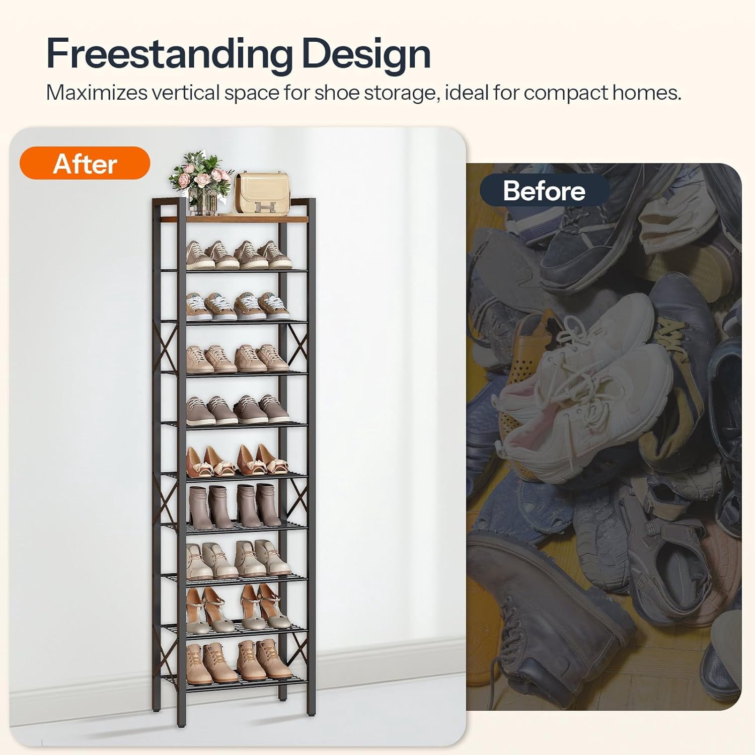 10-Tier Narrow Shoe Rack, Tall Shoe Rack for 10-20 Pairs, Slim Shoe Storage Organizer with Wooden Top, Space Saving, Metal Frame, for Entryway