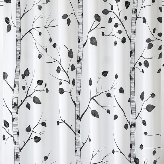 Minimalistic Birch Tree and Leaves Design Shower Curtain White Grey and Black Pattern for Bathroom Decor High Resolution 2D Vector Illustration